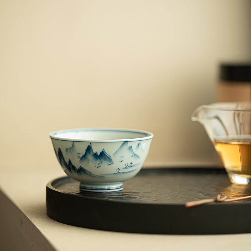 Authentic Jingdezhen Antique Green Glaze Hand-Painted Shanshui Landscape Master Teacup - 110ml Gongfu Teacup
