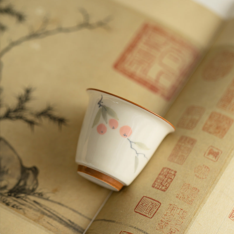 Authentic Jingdezhen Wood-Ash Glaze Hand-Painted Persimmon Auspicious Master Teacup - 85ml Gongfu Teacup