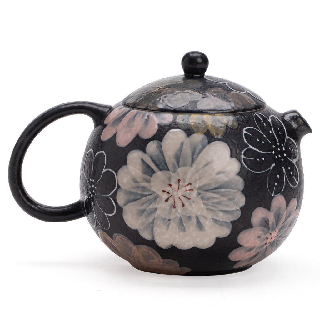Authentic Jingdezhen Raw Mineral White Hand-Painted Blooming Flora Black Glaze Xishi Teapot - 200ml Gongfu Teapot
