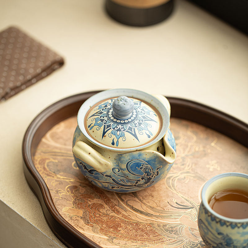 Authentic Jingdezhen Dunhuang Flying Apsaras Flint Red & Blue-and-White Side-Grip Teapot - 180ml Gongfu Teapot