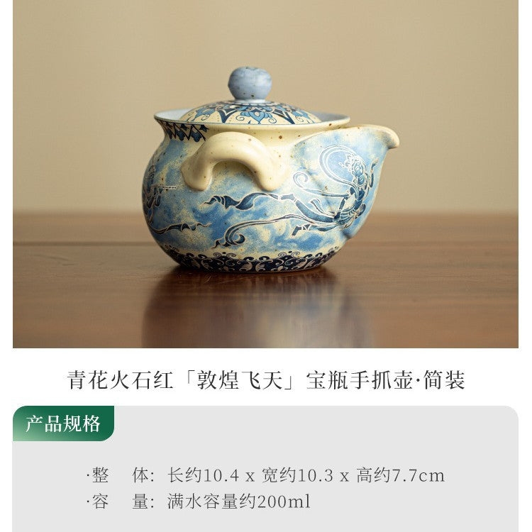 Authentic Jingdezhen Dunhuang Flying Apsaras Flint Red & Blue-and-White Side-Grip Teapot - 180ml Gongfu Teapot