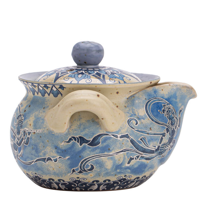 Authentic Jingdezhen Dunhuang Flying Apsaras Flint Red & Blue-and-White Side-Grip Teapot - 180ml Gongfu Teapot