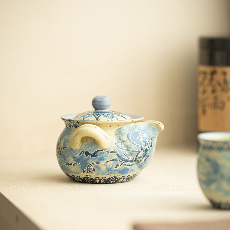 Authentic Jingdezhen Dunhuang Flying Apsaras Flint Red & Blue-and-White Side-Grip Teapot - 180ml Gongfu Teapot