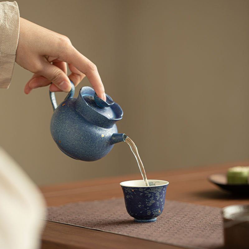 Handcrafted Kiln-Transformed Coarse Stoneware Powdered Blue Fluted Teapot - 210ml Gongfu Teapot