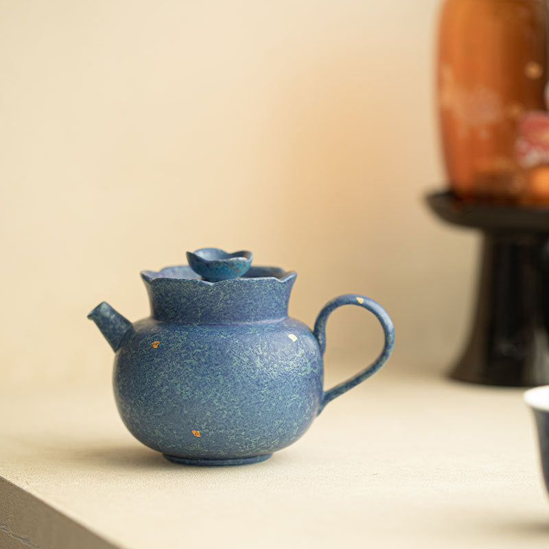 Handcrafted Kiln-Transformed Coarse Stoneware Powdered Blue Fluted Teapot - 210ml Gongfu Teapot