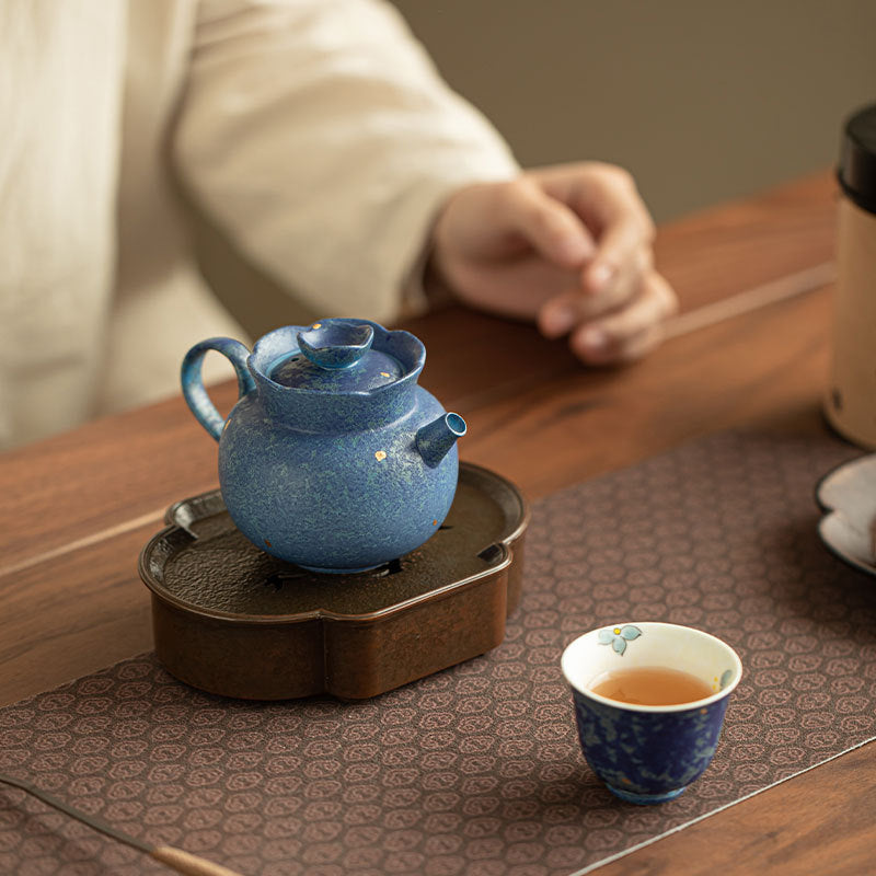Handcrafted Kiln-Transformed Coarse Stoneware Powdered Blue Fluted Teapot - 210ml Gongfu Teapot