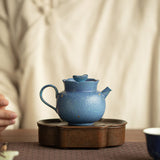 Handcrafted Kiln-Transformed Coarse Stoneware Powdered Blue Fluted Teapot - 210ml Gongfu Teapot