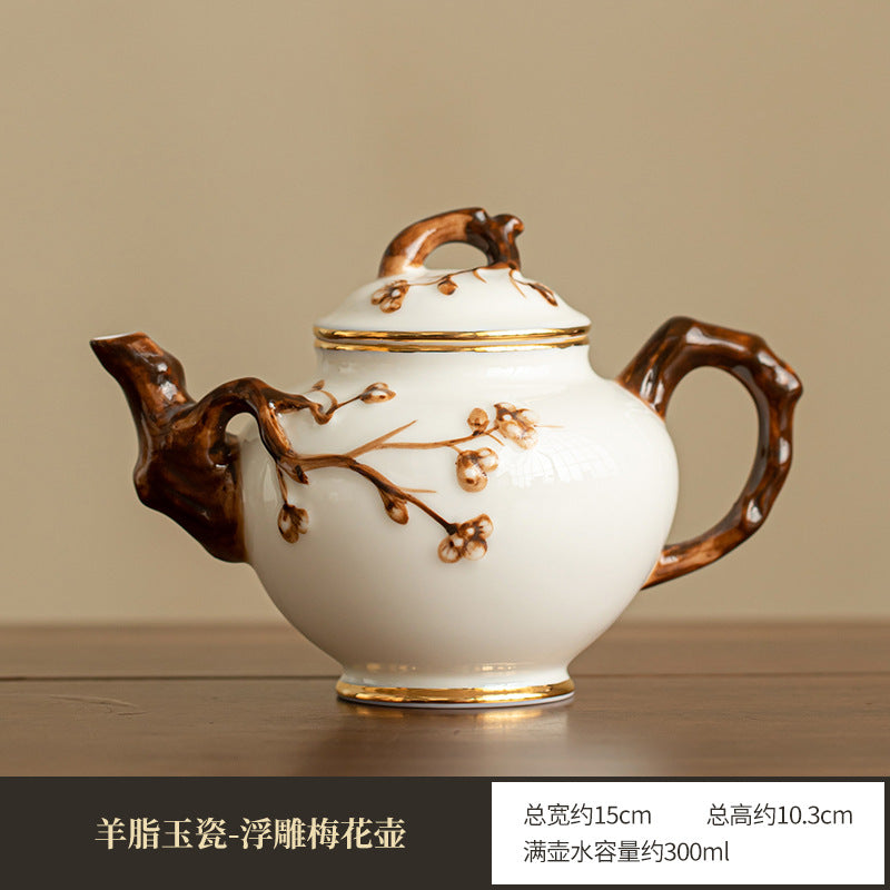 Handcrafted Dehua Mutton Fat Jade White Porcelain Sculpted Blossom Teapot - 200ml Gongfu Teapot