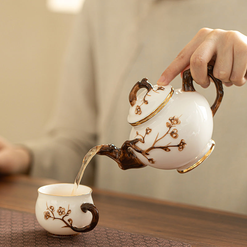 Handcrafted Dehua Mutton Fat Jade White Porcelain Sculpted Blossom Teapot - 200ml Gongfu Teapot