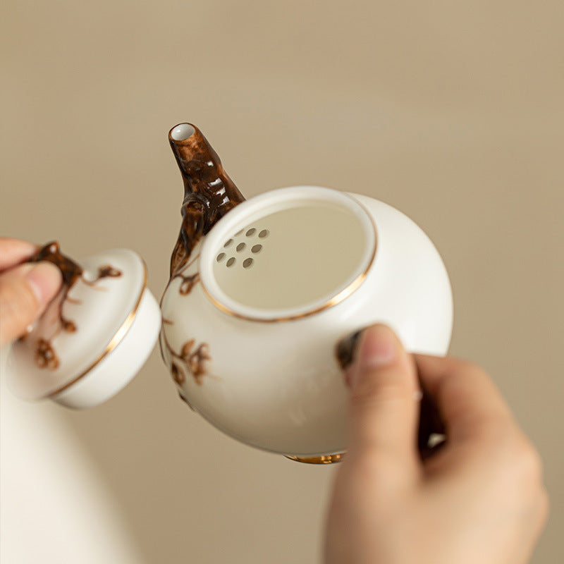 Handcrafted Dehua Mutton Fat Jade White Porcelain Sculpted Blossom Teapot - 200ml Gongfu Teapot