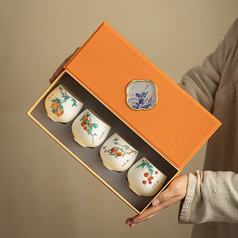Handcrafted Dehua Mutton Fat Jade Hand-Painted Bird & Blossom Master Teacup Pair (Set of 2) - 85ml Gongfu Teacup