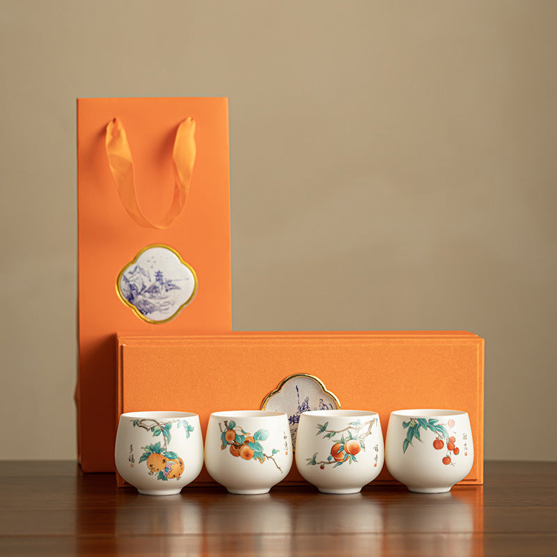 Handcrafted Dehua Mutton Fat Jade Hand-Painted Bird & Blossom Master Teacup Pair (Set of 2) - 85ml Gongfu Teacup