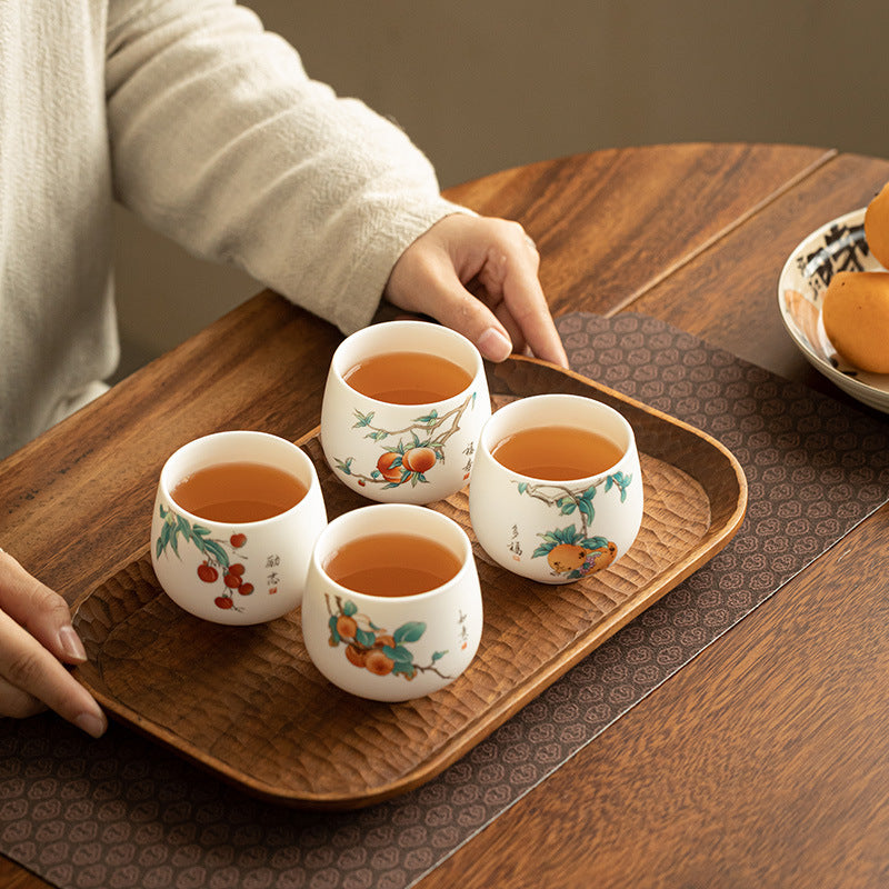 Handcrafted Dehua Mutton Fat Jade Hand-Painted Bird & Blossom Master Teacup Pair (Set of 2) - 85ml Gongfu Teacup