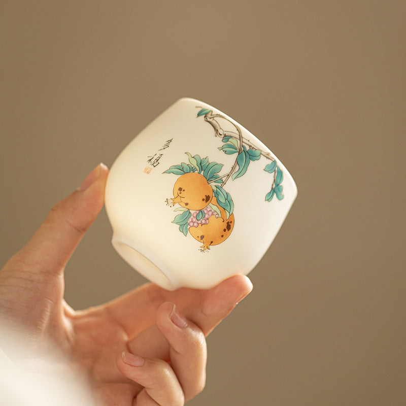 Handcrafted Dehua Mutton Fat Jade Hand-Painted Bird & Blossom Master Teacup Pair (Set of 2) - 85ml Gongfu Teacup