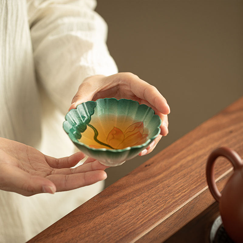 Authentic Jingdezhen Raw Mineral White Hand-Painted Lotus & Red Carp Scalloped Master Teacup - 90ml Gongfu Teacup