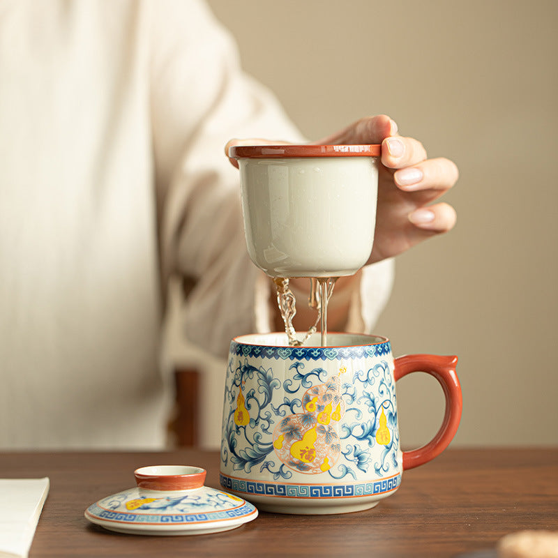 Authentic Jingdezhen Botanical Wood-Ash Interlocking Lotus Four Blessings Office Tea Mug with Lid - 380ml Gongfu Teacup