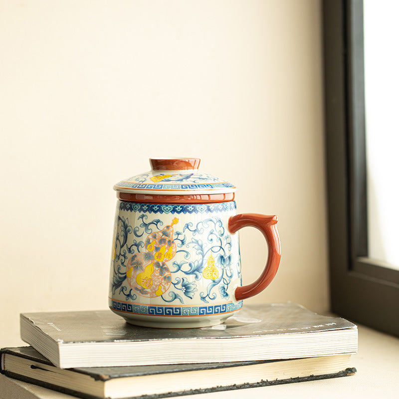 Authentic Jingdezhen Botanical Wood-Ash Interlocking Lotus Four Blessings Office Tea Mug with Lid - 380ml Gongfu Teacup