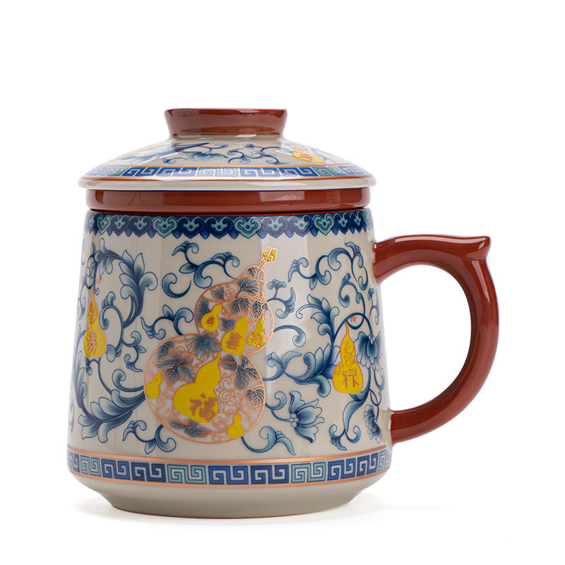 Authentic Jingdezhen Botanical Wood-Ash Interlocking Lotus Four Blessings Office Tea Mug with Lid - 380ml Gongfu Teacup