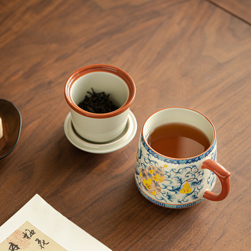 Authentic Jingdezhen Botanical Wood-Ash Interlocking Lotus Four Blessings Office Tea Mug with Lid - 380ml Gongfu Teacup