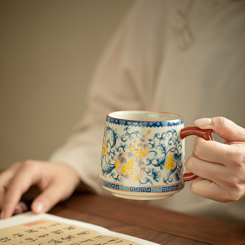 Authentic Jingdezhen Botanical Wood-Ash Interlocking Lotus Four Blessings Office Tea Mug with Lid - 380ml Gongfu Teacup