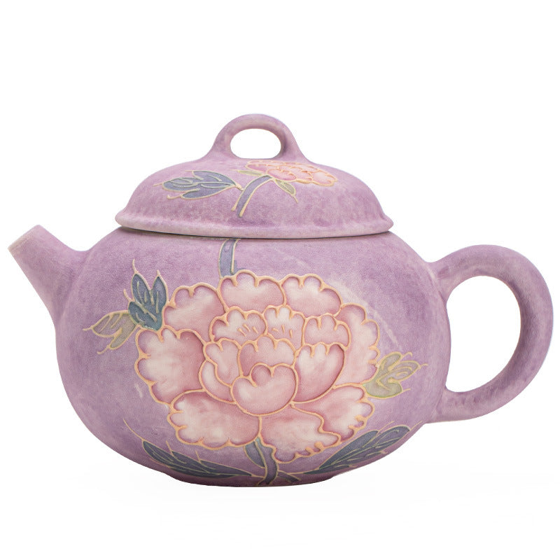 Handcrafted Neo-Chinese 3D Embossed Relief Peony Porcelain Teapot - 200ml Gongfu Teapot