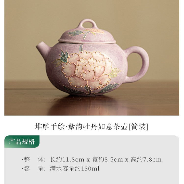 Handcrafted Neo-Chinese 3D Embossed Relief Peony Porcelain Teapot - 200ml Gongfu Teapot