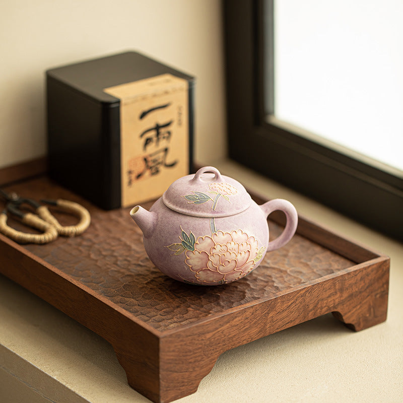 Handcrafted Neo-Chinese 3D Embossed Relief Peony Porcelain Teapot - 200ml Gongfu Teapot
