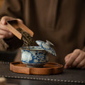Authentic Jingdezhen Ru Ware & Yuan Blue-and-White Peony Budai Two-Piece Gaiwan Tea Bowl - 160ml