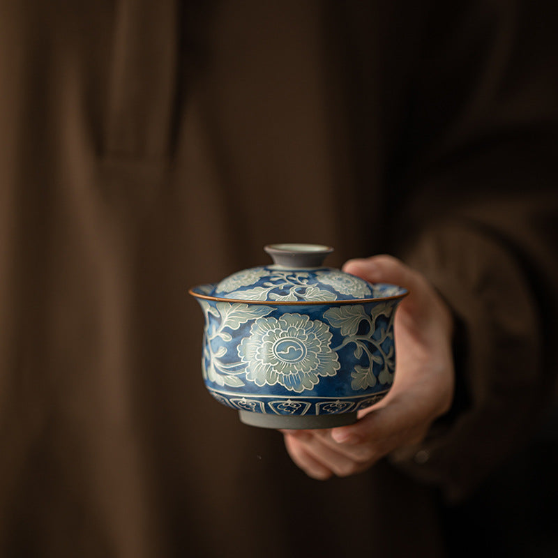 Authentic Jingdezhen Ru Ware & Yuan Blue-and-White Peony Budai Two-Piece Gaiwan Tea Bowl - 160ml