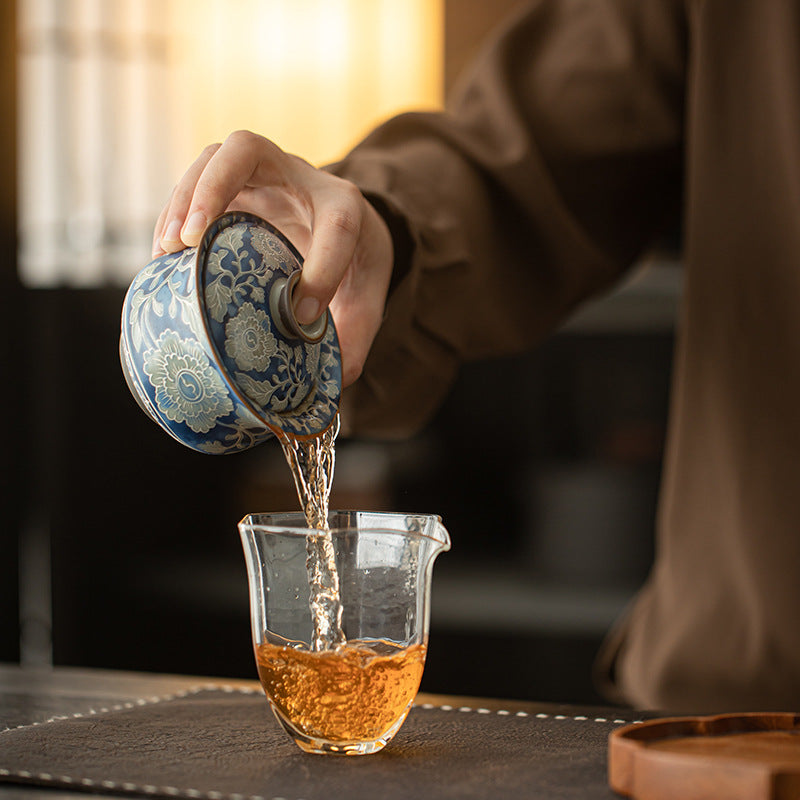 Authentic Jingdezhen Ru Ware & Yuan Blue-and-White Peony Budai Two-Piece Gaiwan Tea Bowl - 160ml