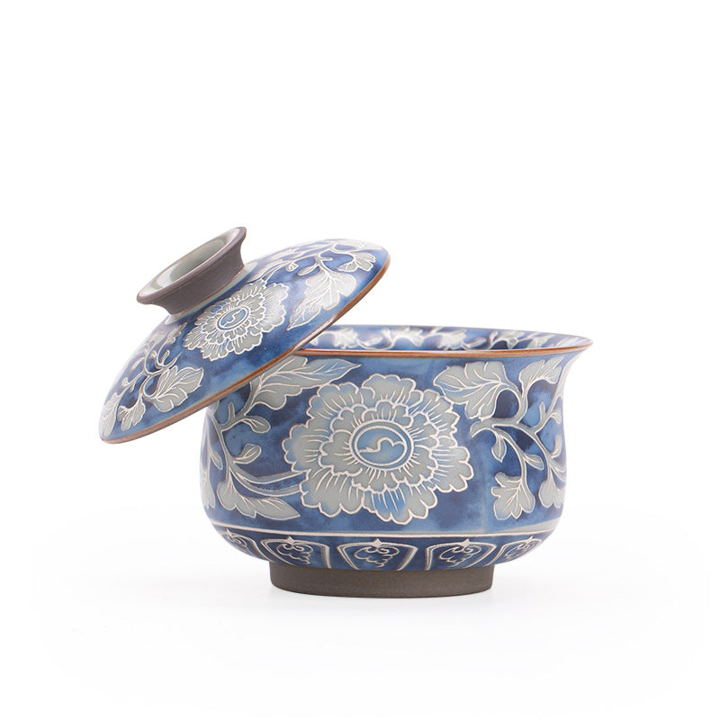 Authentic Jingdezhen Ru Ware & Yuan Blue-and-White Peony Budai Two-Piece Gaiwan Tea Bowl - 160ml