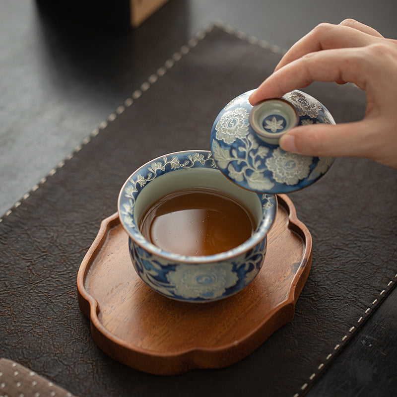 Authentic Jingdezhen Ru Ware & Yuan Blue-and-White Peony Budai Two-Piece Gaiwan Tea Bowl - 160ml
