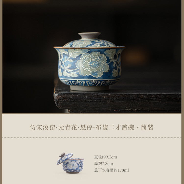 Authentic Jingdezhen Ru Ware & Yuan Blue-and-White Peony Budai Two-Piece Gaiwan Tea Bowl - 160ml