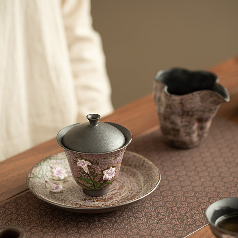 Authentic Old Rock Clay Misty Mineral Lily Blossom Two-Piece Gaiwan Tea Bowl - 150ml