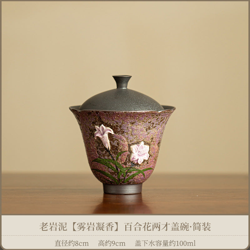Authentic Old Rock Clay Misty Mineral Lily Blossom Two-Piece Gaiwan Tea Bowl - 150ml