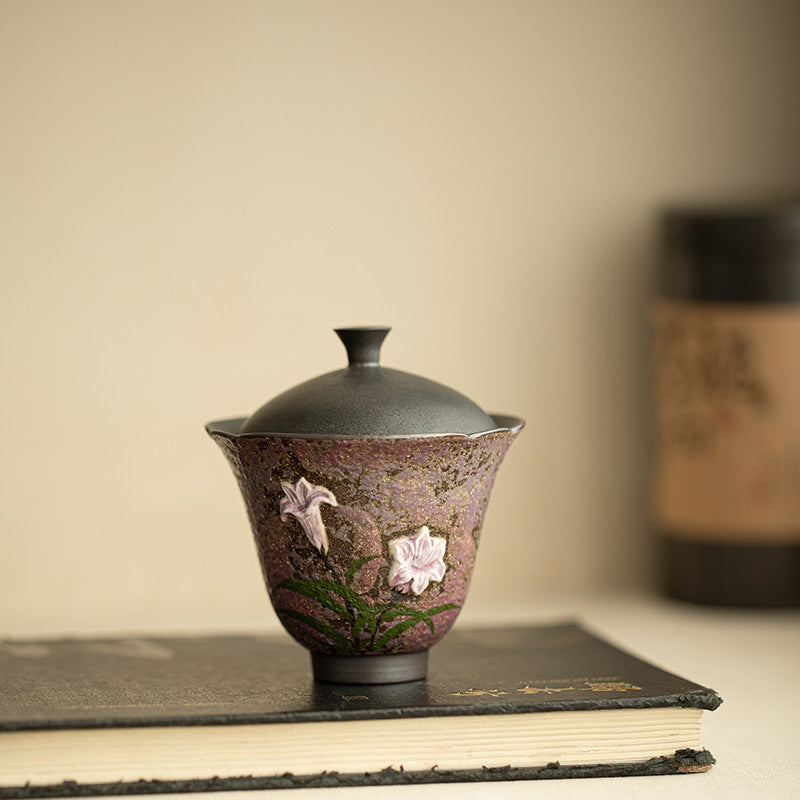 Authentic Old Rock Clay Misty Mineral Lily Blossom Two-Piece Gaiwan Tea Bowl - 150ml