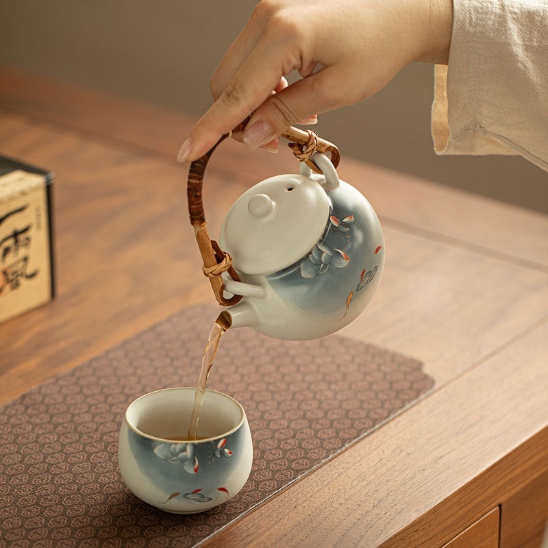 Authentic Song Ru Ware Sky Blue Celadon Auspicious Lotus Overhead-Handle Teapot - 240ml Gongfu Teapot