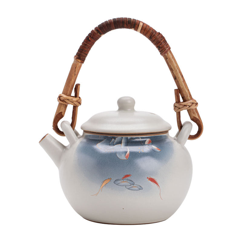 Authentic Song Ru Ware Sky Blue Celadon Auspicious Lotus Overhead-Handle Teapot - 240ml Gongfu Teapot