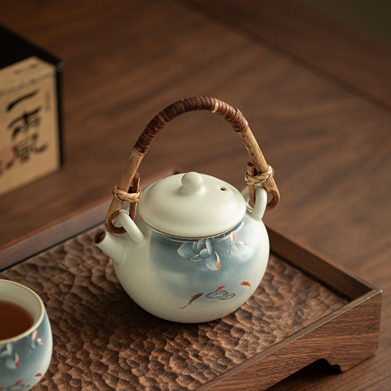 Authentic Song Ru Ware Sky Blue Celadon Auspicious Lotus Overhead-Handle Teapot - 240ml Gongfu Teapot