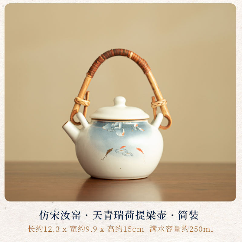 Authentic Song Ru Ware Sky Blue Celadon Auspicious Lotus Overhead-Handle Teapot - 240ml Gongfu Teapot