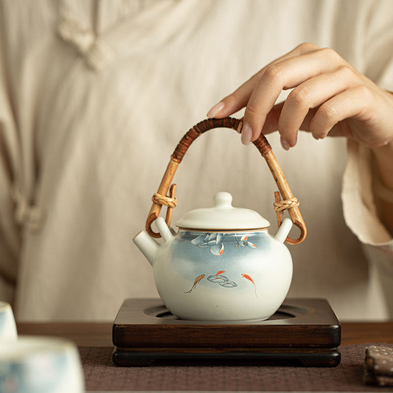 Authentic Song Ru Ware Sky Blue Celadon Auspicious Lotus Overhead-Handle Teapot - 240ml Gongfu Teapot