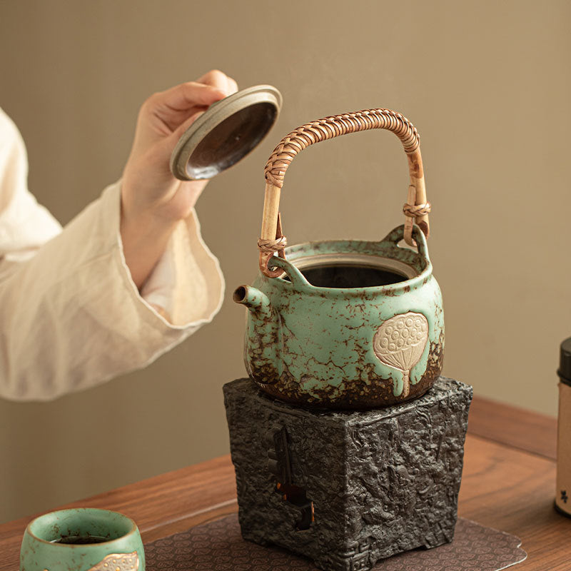 Handcrafted Coarse Stoneware Lotus Pod Stove-Top Overhead-Handle Kettle - 850ml Gongfu Teapot