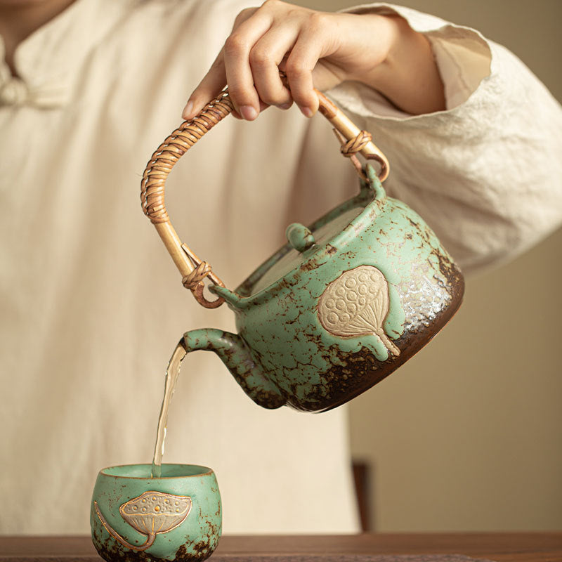 Handcrafted Coarse Stoneware Lotus Pod Stove-Top Overhead-Handle Kettle - 850ml Gongfu Teapot