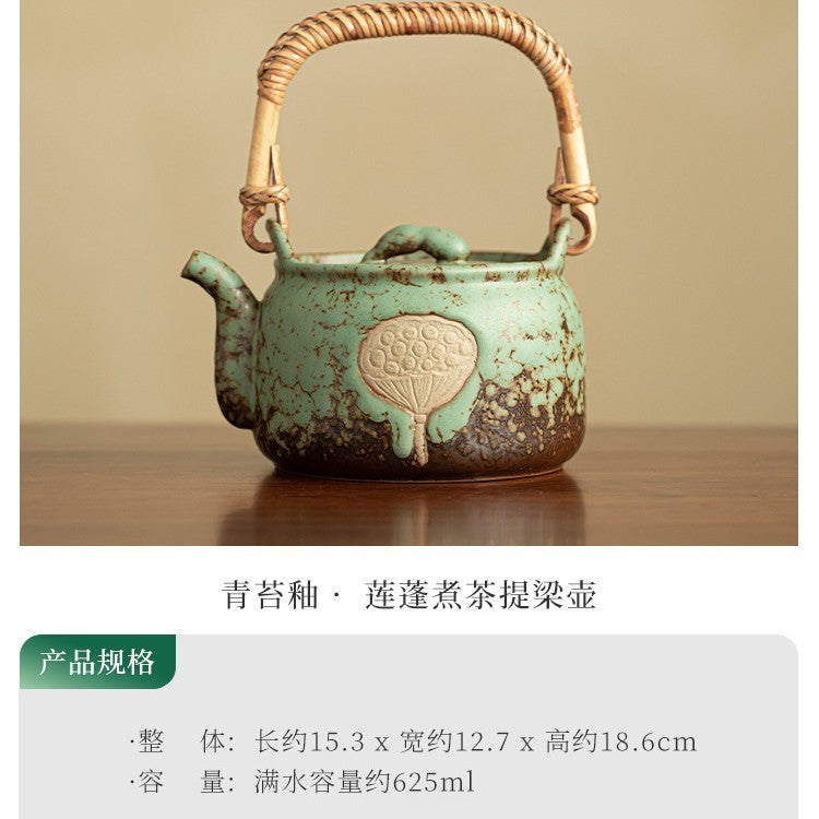Handcrafted Coarse Stoneware Lotus Pod Stove-Top Overhead-Handle Kettle - 850ml Gongfu Teapot