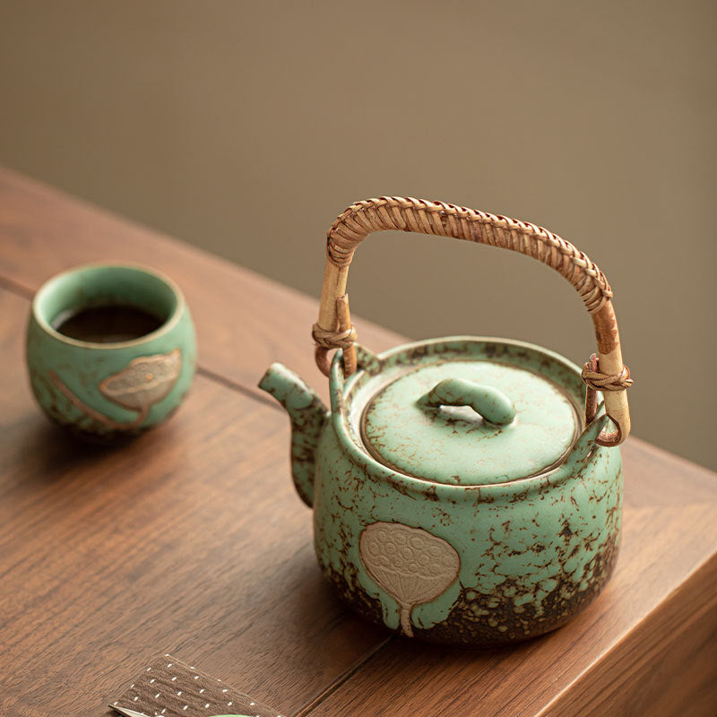 Handcrafted Coarse Stoneware Lotus Pod Stove-Top Overhead-Handle Kettle - 850ml Gongfu Teapot