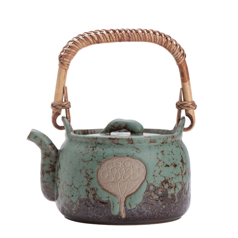 Handcrafted Coarse Stoneware Lotus Pod Stove-Top Overhead-Handle Kettle - 850ml Gongfu Teapot