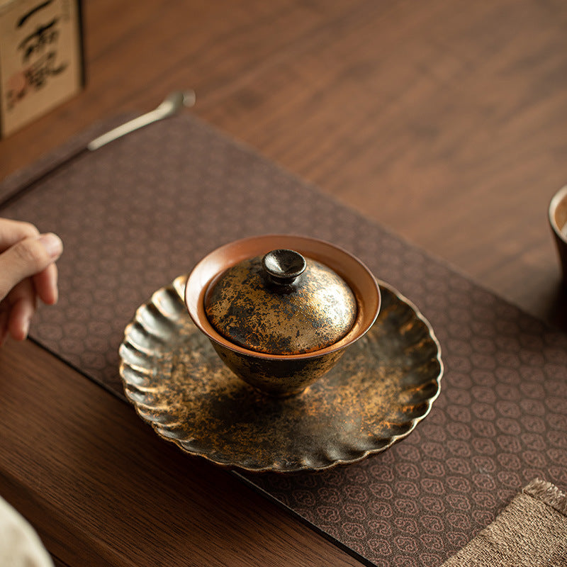 Authentic Jingdezhen Handcrafted Shino Ware 24K Gold-Gilded Two-Piece Gaiwan Tea Bowl - 160ml