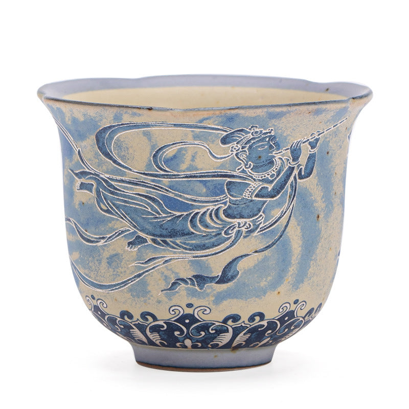 Authentic Jingdezhen Flint Red & Underglaze Blue & White Dunhuang Scalloped Master Teacup - 85ml Gongfu Teacup