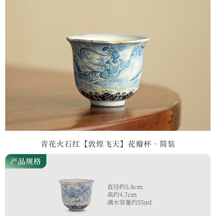 Authentic Jingdezhen Flint Red & Underglaze Blue & White Dunhuang Scalloped Master Teacup - 85ml Gongfu Teacup
