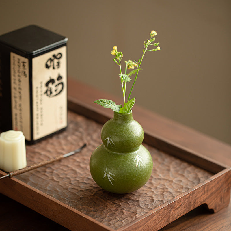 Handcrafted Matcha Green Raised-Glaze Bamboo & Gourd Porcelain Vase & Brush Holder - 16cm Teaware Accessories
